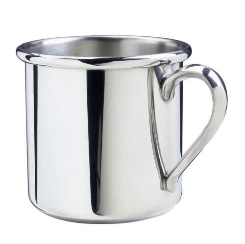 Straight Baby Cup 2 5/8\ Height x 3 1/2\ Width (including handle)
Pewter

Care:  Wash your pewter in warm water, using mild soap and a soft cloth. Dry with a soft cloth. Your pewter should never be exposed to an open flame or excessive heat. Store your pewter trays flat, cups upright, etc. to prevent warping. Do not wrap pewter in anything other than the original wrapping to prevent scratching. Never wrap pewter in tissue paper, as fine line scratching will occur. Never put pewter in a dishwasher. Hand wash only.